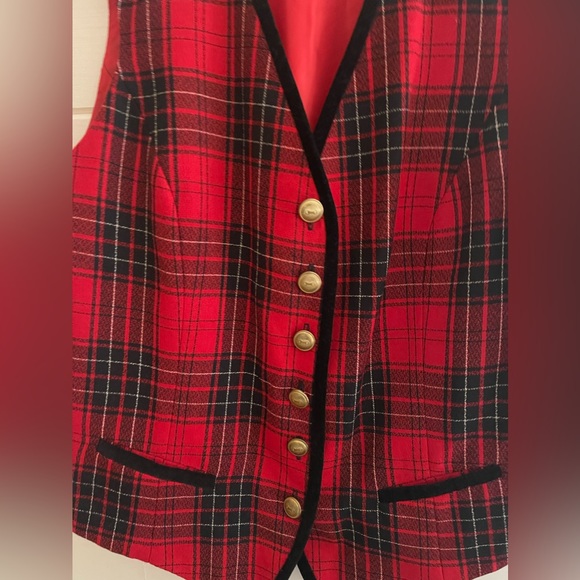 VINTAGE HALSTON 3 Pc Red Black Plaid Skirt Suit Wool Sz 12/14 BLAZER SKIRT VEST - Picture 7 of 12